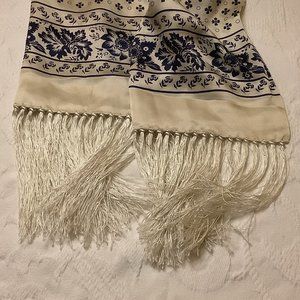 Scarf - Silky Soft Cream & Blue Floral Design with Fringe - Versatile Uses